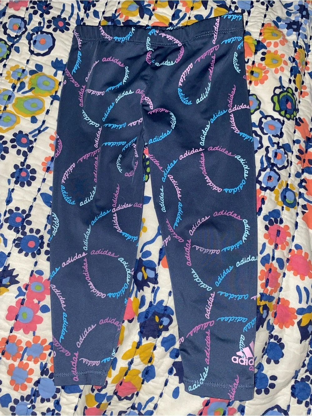adidas Girls Navy Leggings with Pink & Teal Logo Swirls
